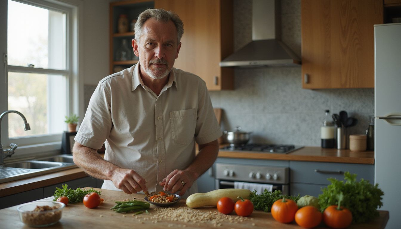 A person preparing a simple, colorful meal in a small kitchen.