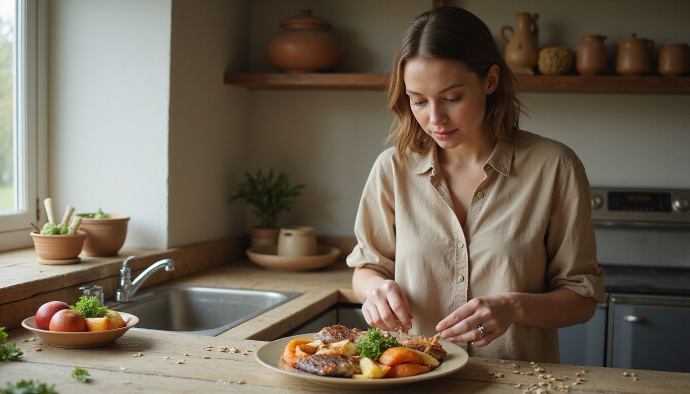 A cook prepares a colorful paleo meal in a rustic kitchen.