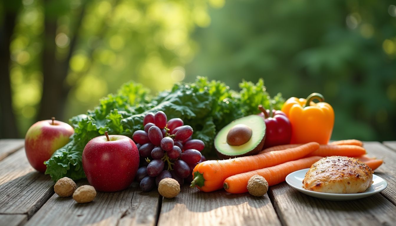 A rustic table with fresh fruits, vegetables, and grilled chicken arranged for a paleo meal.