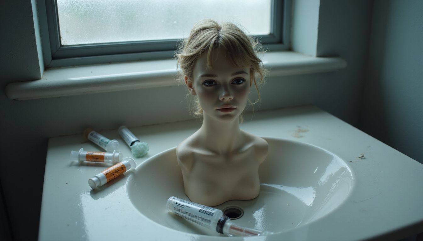 Medical items on a bathroom counter near a mannequin head.