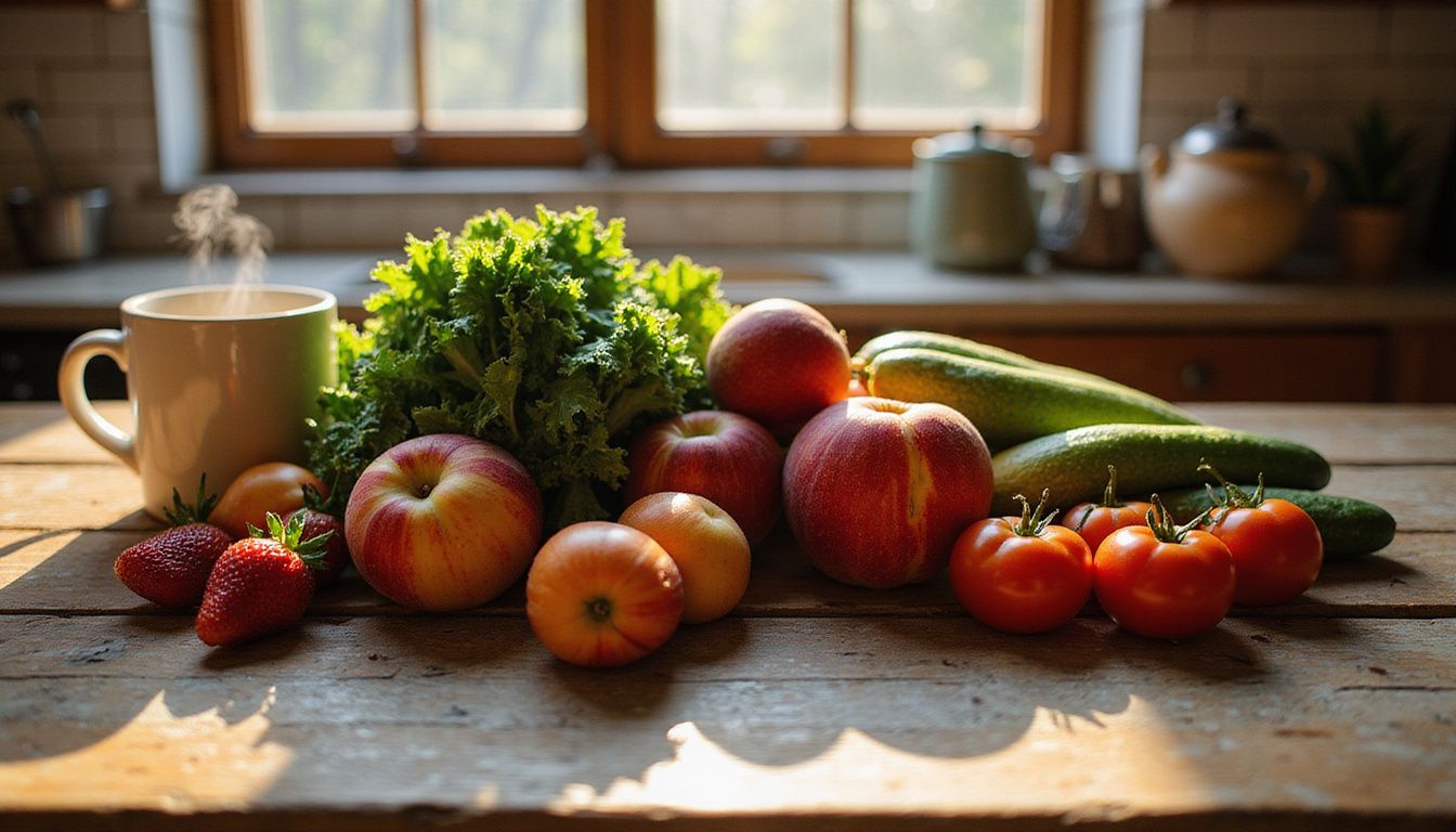 Colorful fruits and vegetables arranged on a wooden table.