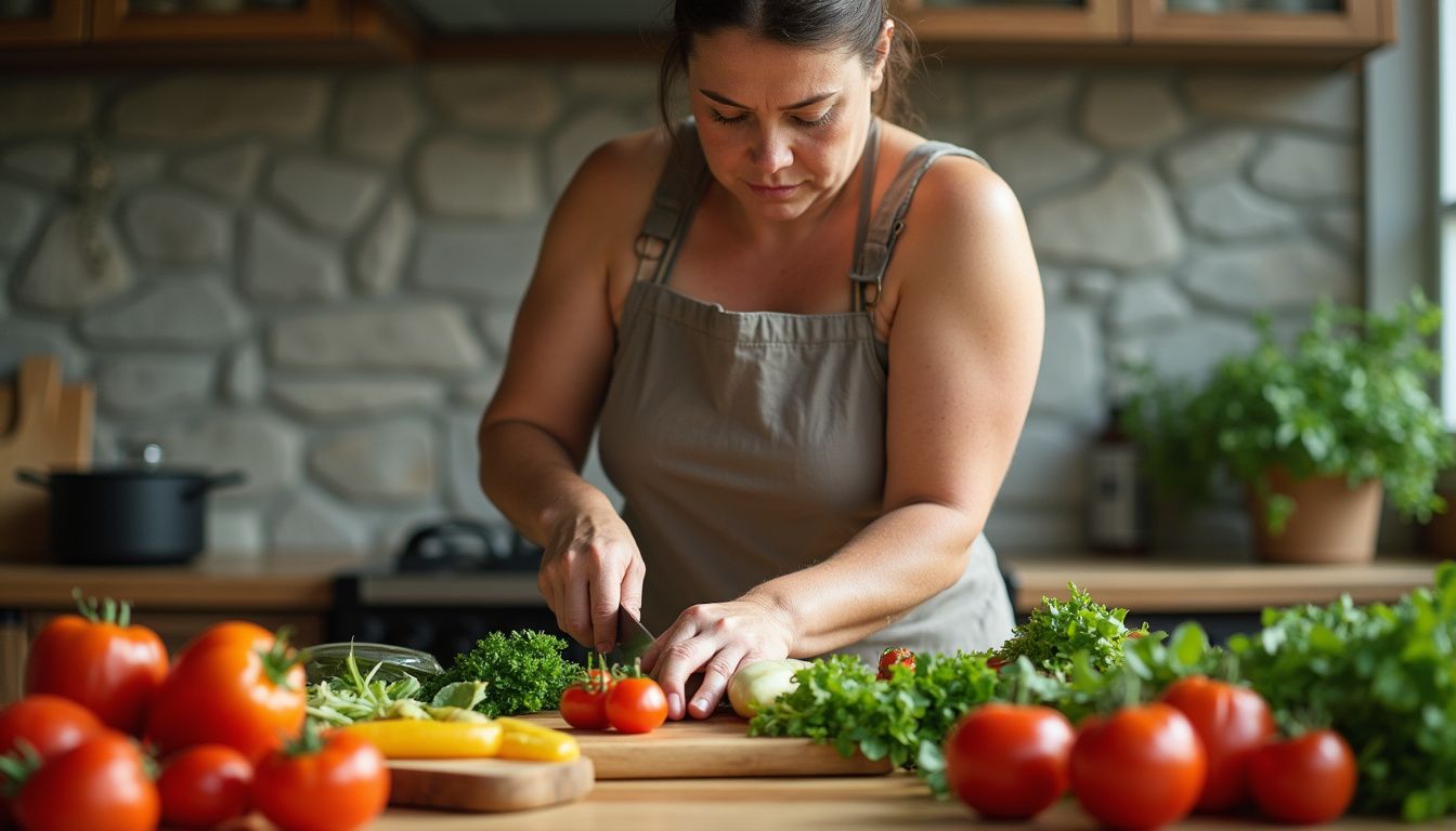 A home cook arranges a colorful bowl of vegetables, beans, and grains.