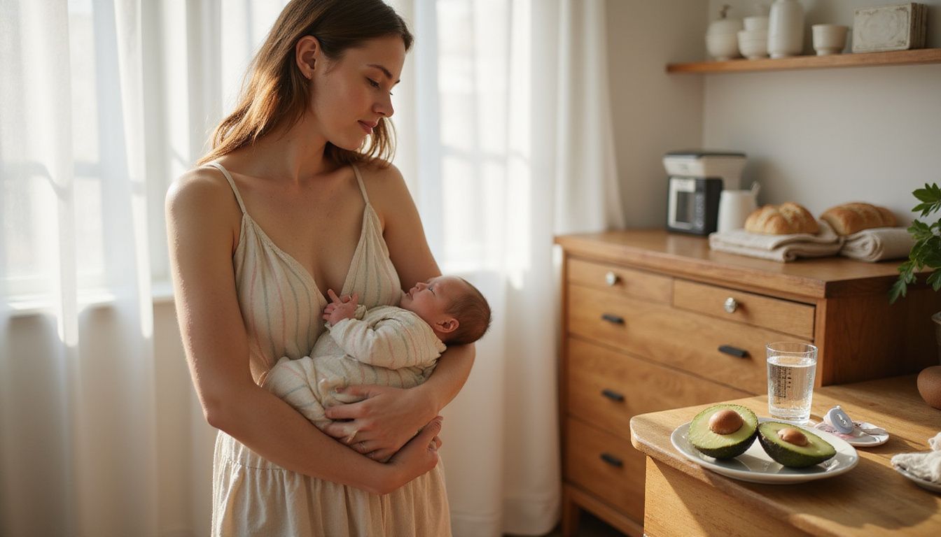 New parent on a bathroom scale, holding a newborn, in a calm bedroom.