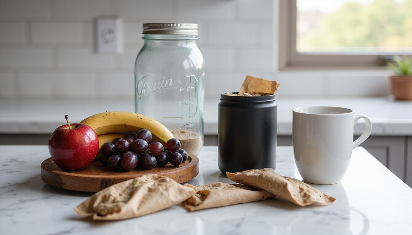 Healthy pre-workout snacks and fruit organized on a counter for easy selection.