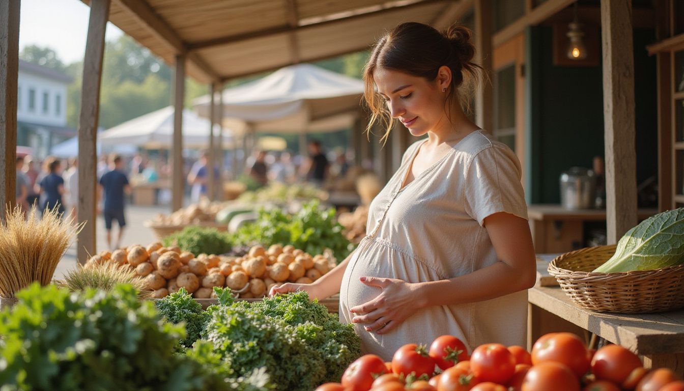 Pregnant woman selecting seasonal produce at a local market.