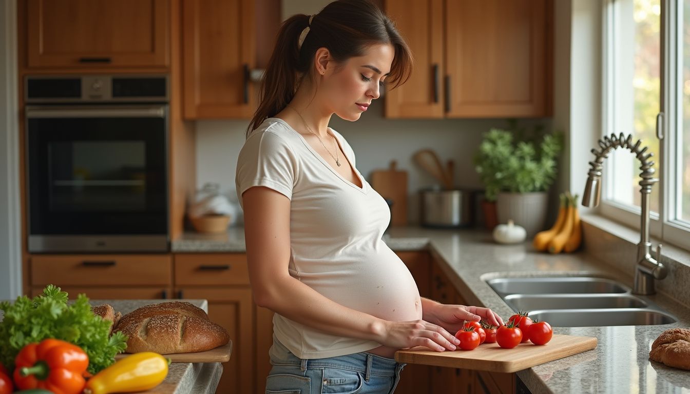 Pregnant woman washing vegetables and preparing a simple meal.