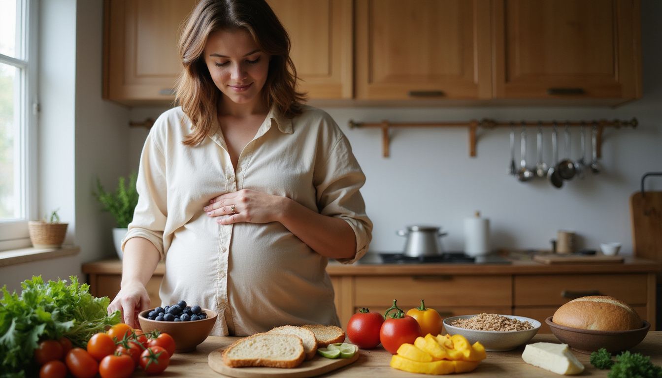 Pregnant person assembling a colorful plate with grains, vegetables, and protein.