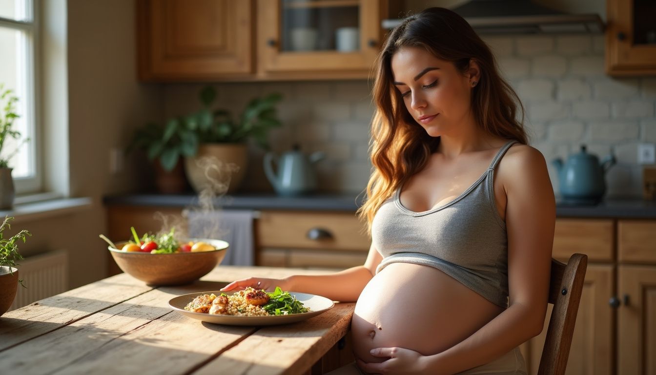 Pregnant person enjoying a balanced meal with whole grains, vegetables, and protein.