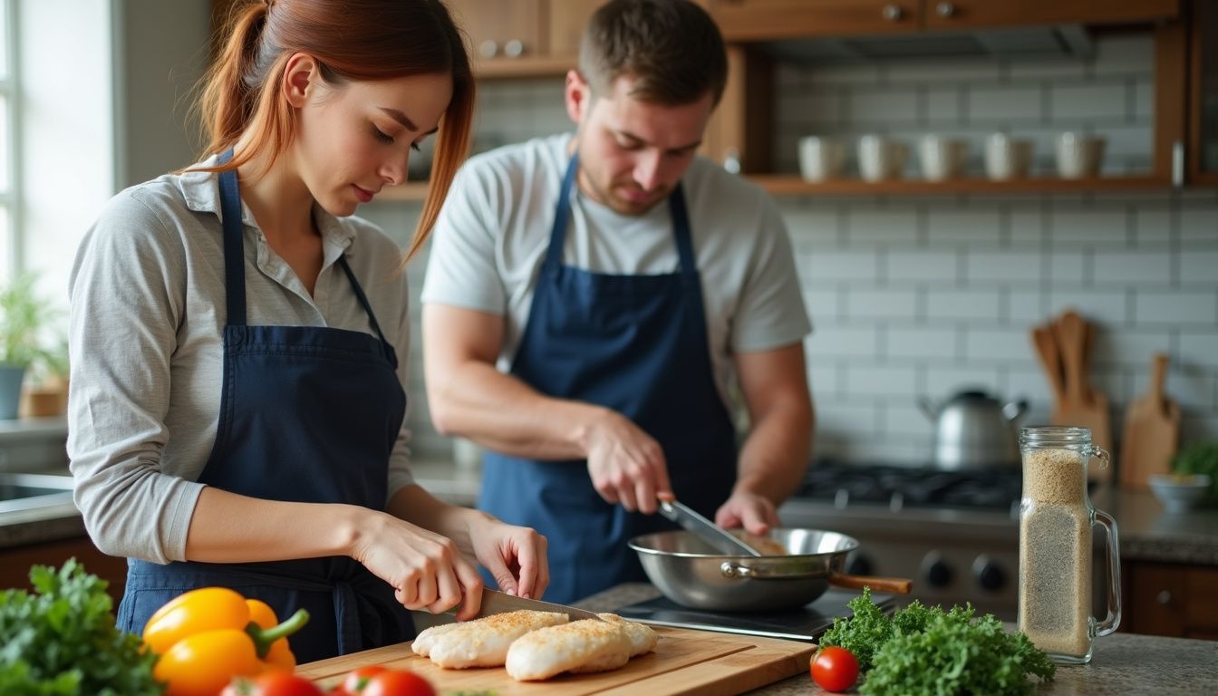 Two people cooking a protein-rich dinner with vegetables and fish.
