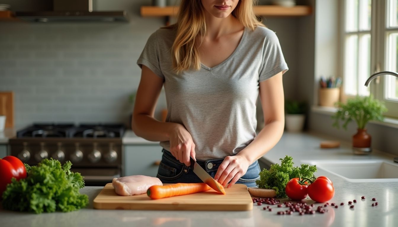 A home cook preparing a balanced, high-protein meal in a bright kitchen.