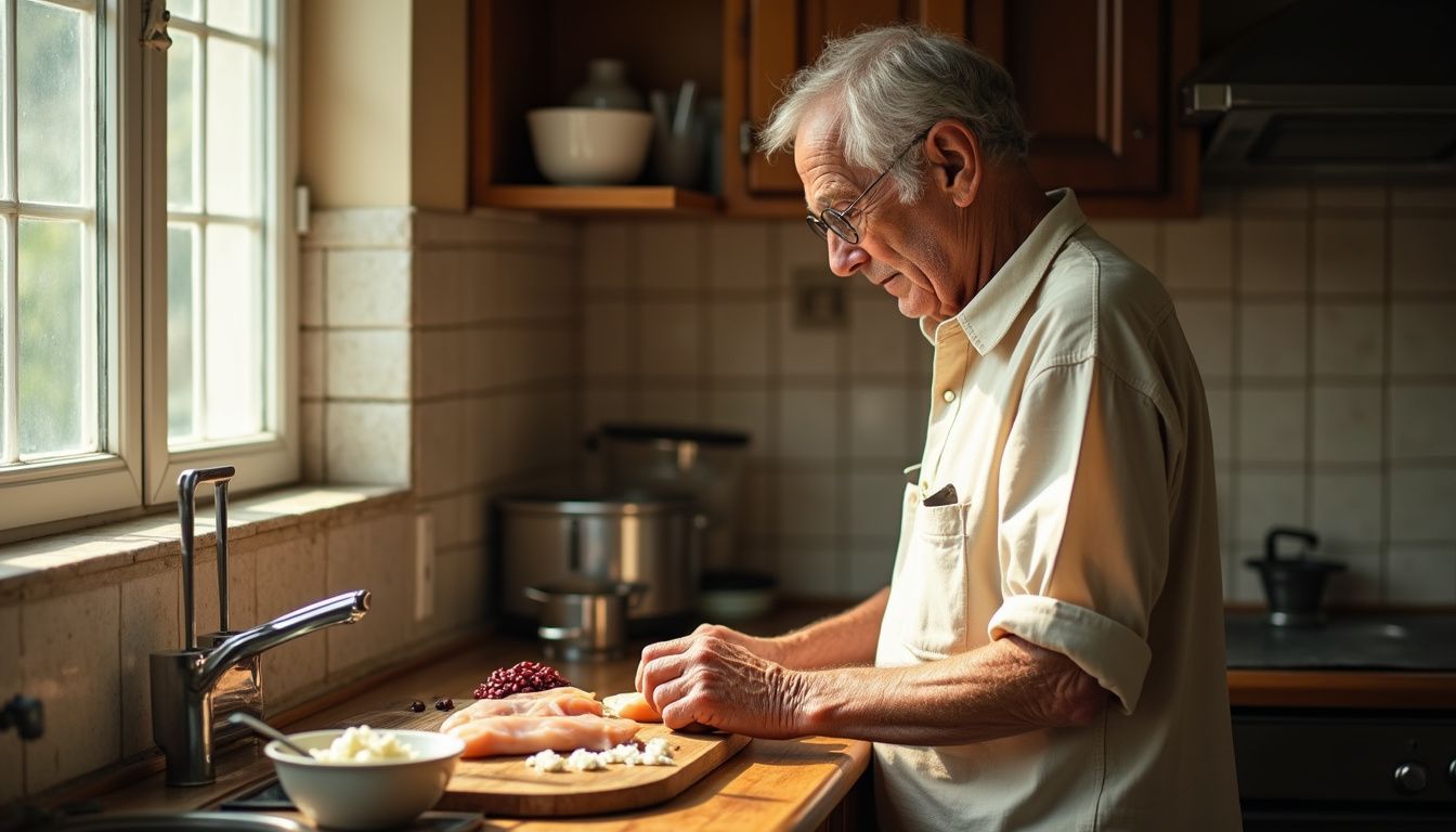 An older adult preparing a protein-focused meal in a bright kitchen.