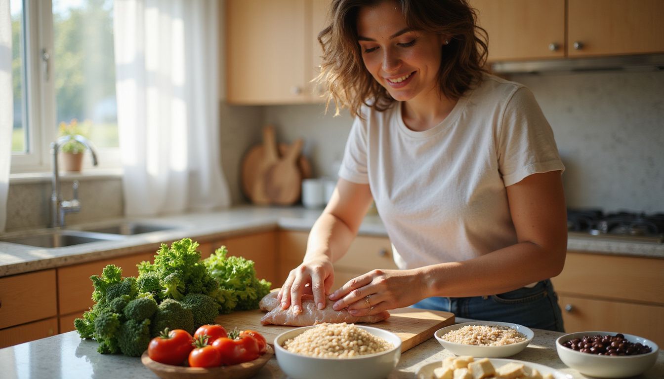 A woman preparing a protein-focused meal with vegetables in her kitchen.