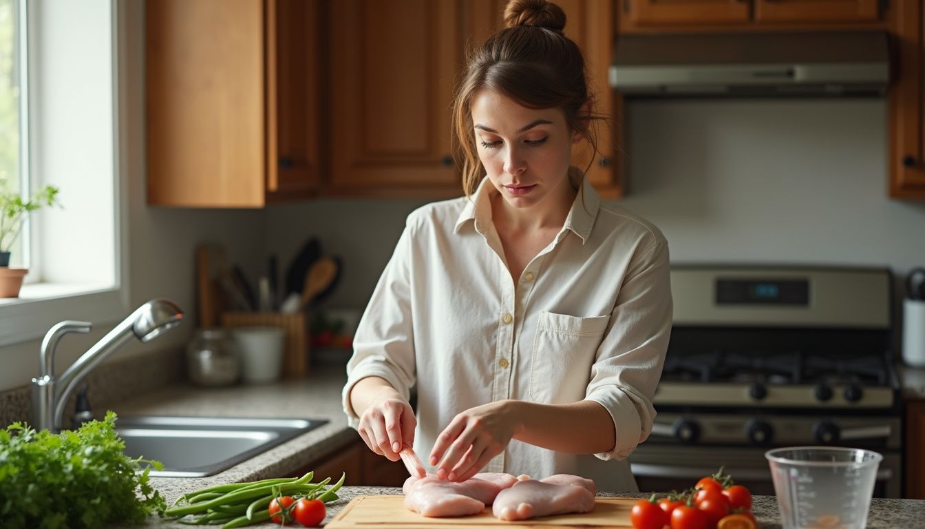 Woman cooking a balanced, protein-focused meal at home.