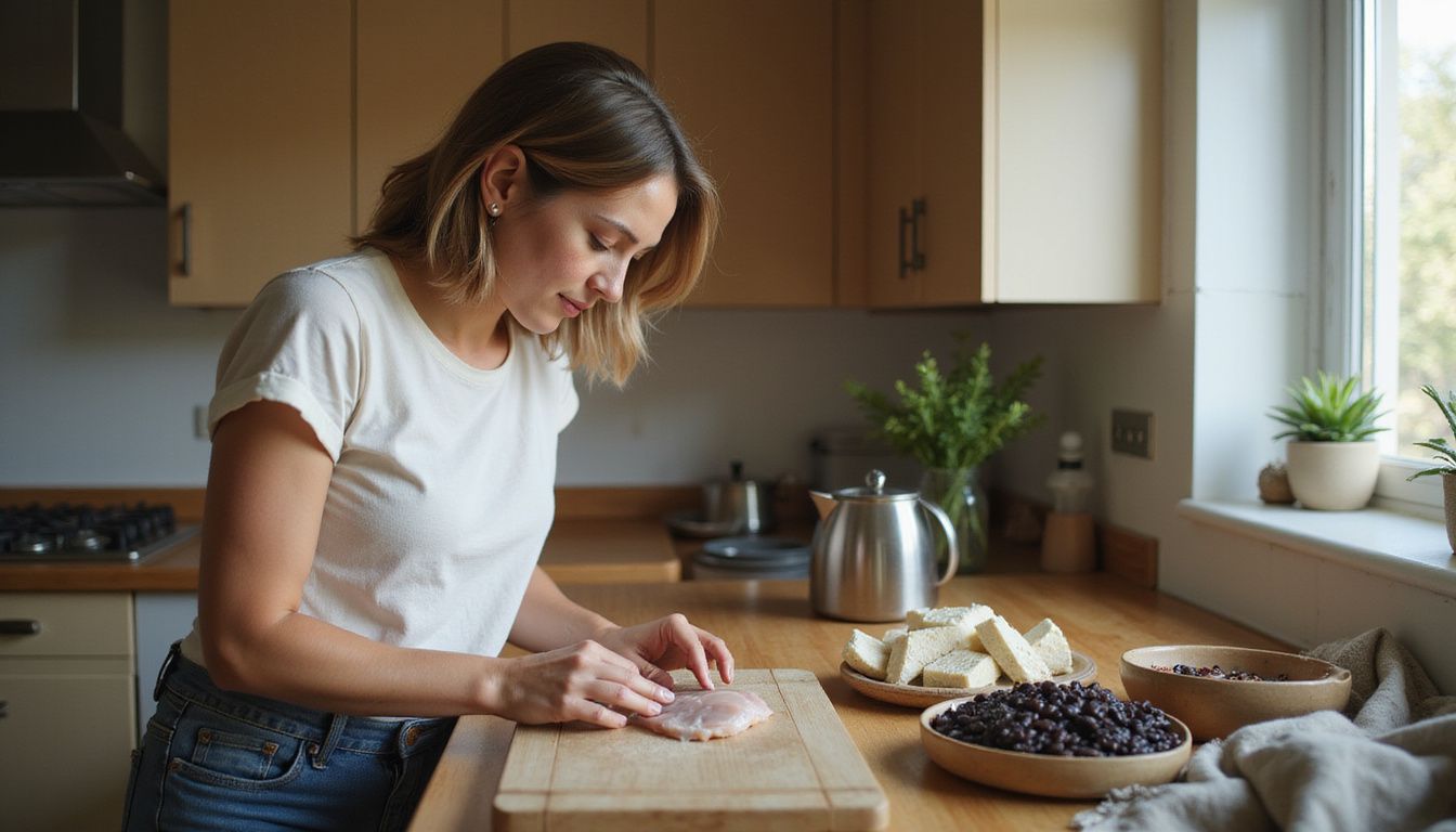 Home kitchen scene with a person prepping a high-protein, colorful meal.