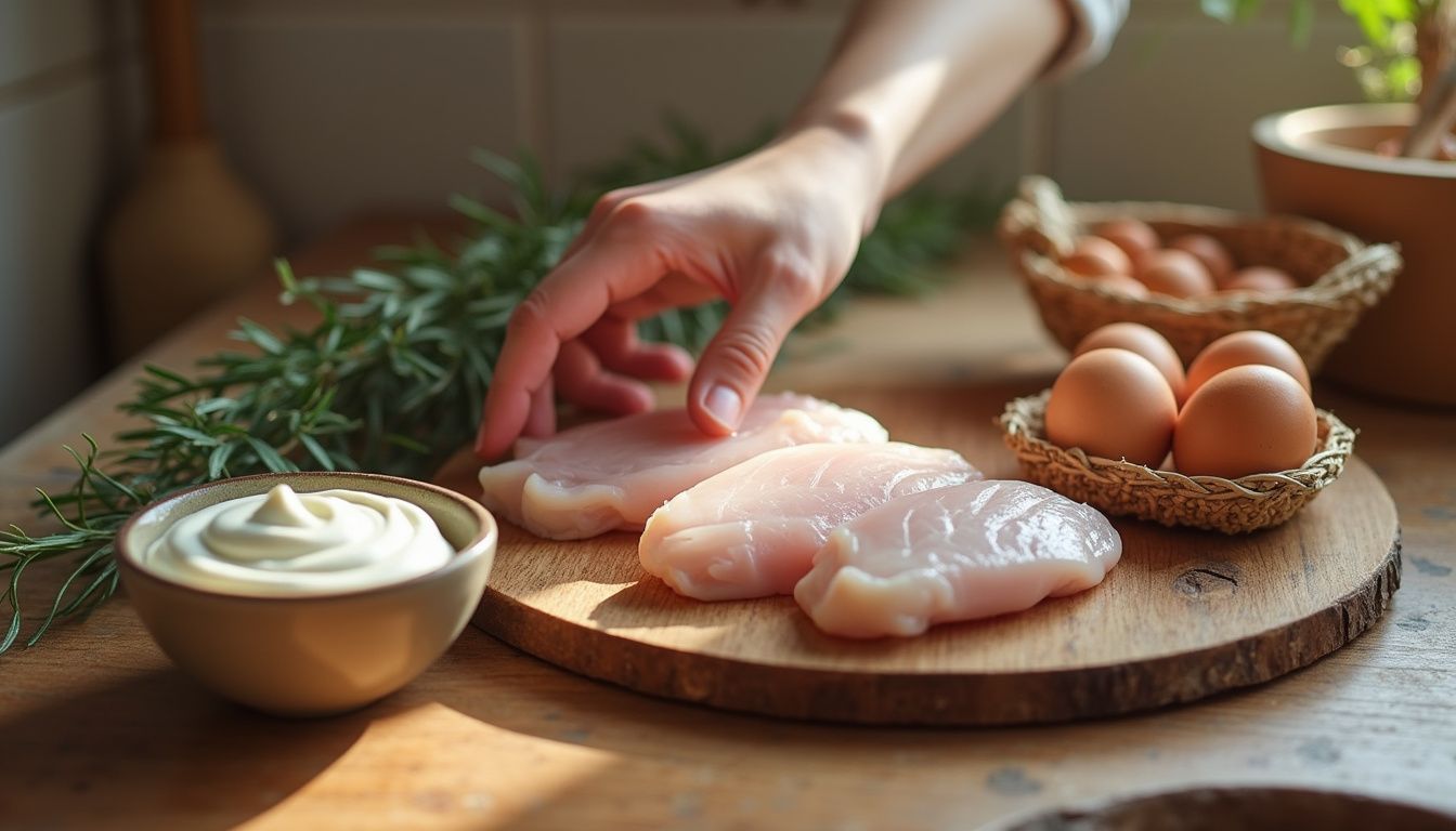 Chicken, yogurt, and eggs on a counter, showing simple protein choices.