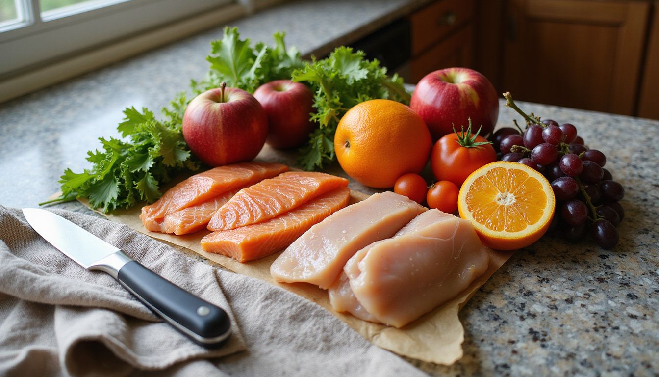 Colorful fruits, vegetables, and lean proteins arranged on a counter for easy planning.