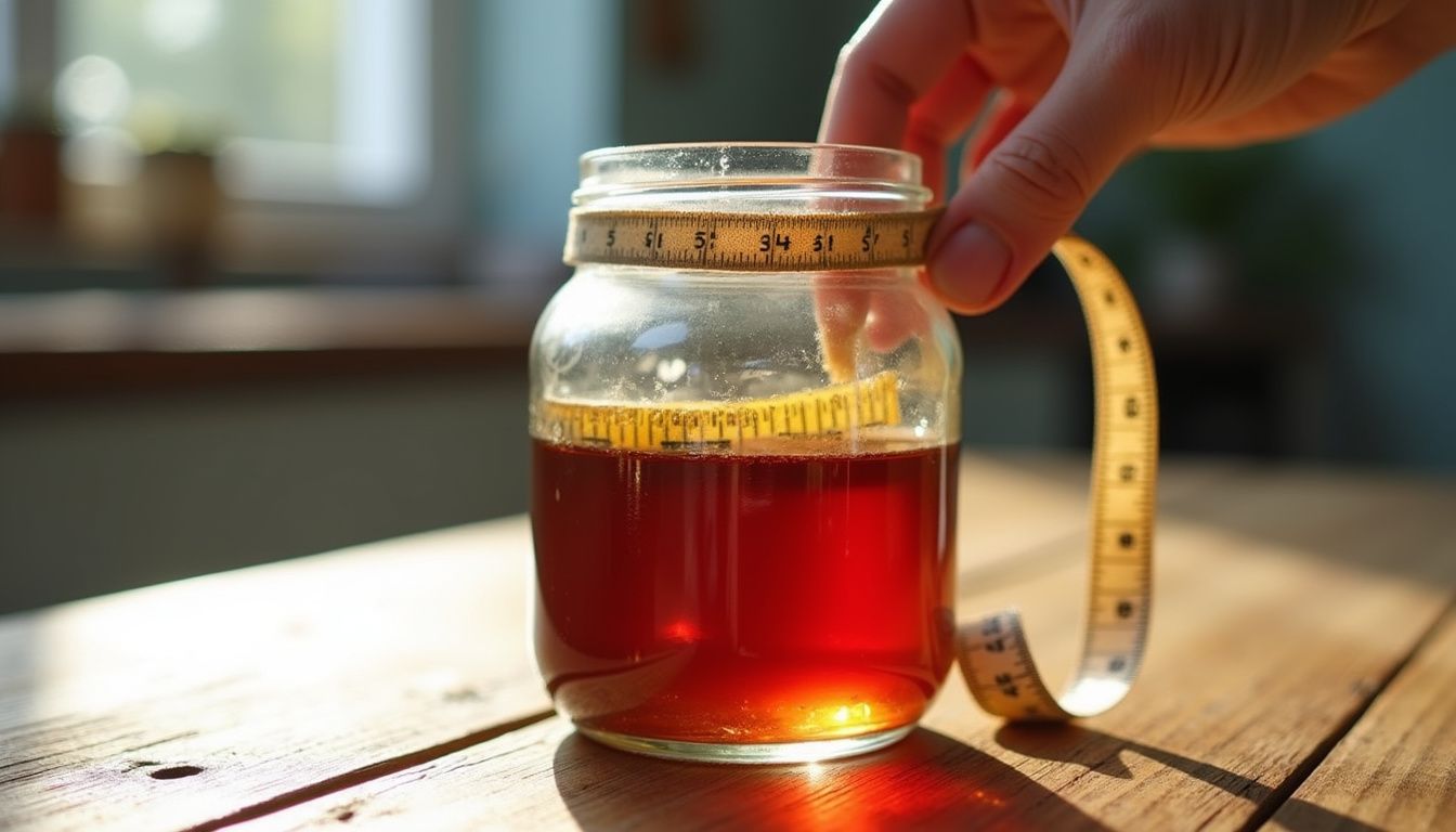 Jar with layered oil and dye beside a tape measure, symbolizing fat levels and waist size.