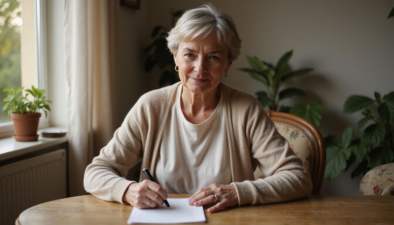 Older adult writing clear weight loss goals at a cozy table. Older adult writing clear weight loss goals at a cozy table.