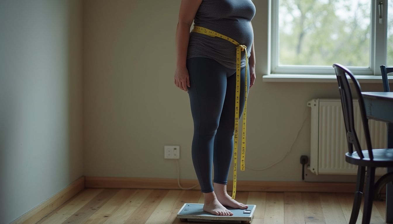 Woman surprised by a sudden drop on a digital scale.