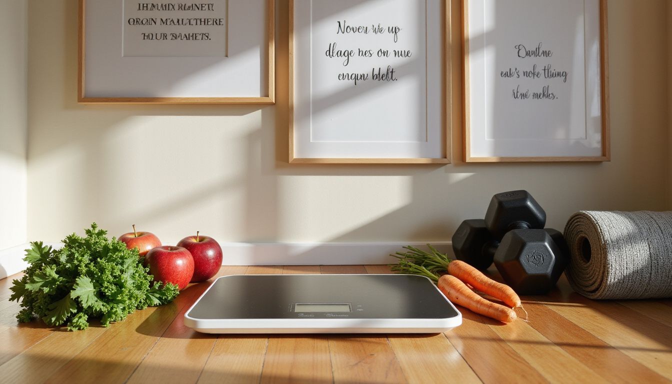 Healthy foods and workout gear next to a digital scale, symbolizing balanced habits.