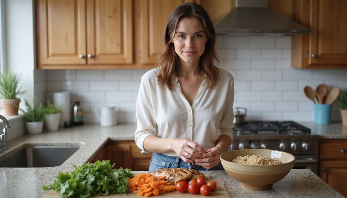 A person preparing a balanced meal with fresh vegetables and quinoa in a home kitchen.