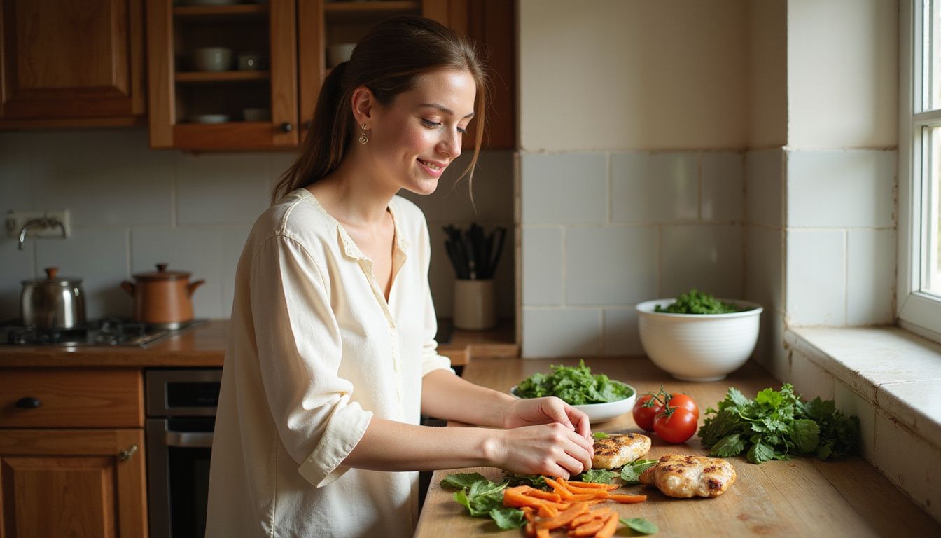 Home cook preparing a colorful plate with vegetables and chicken