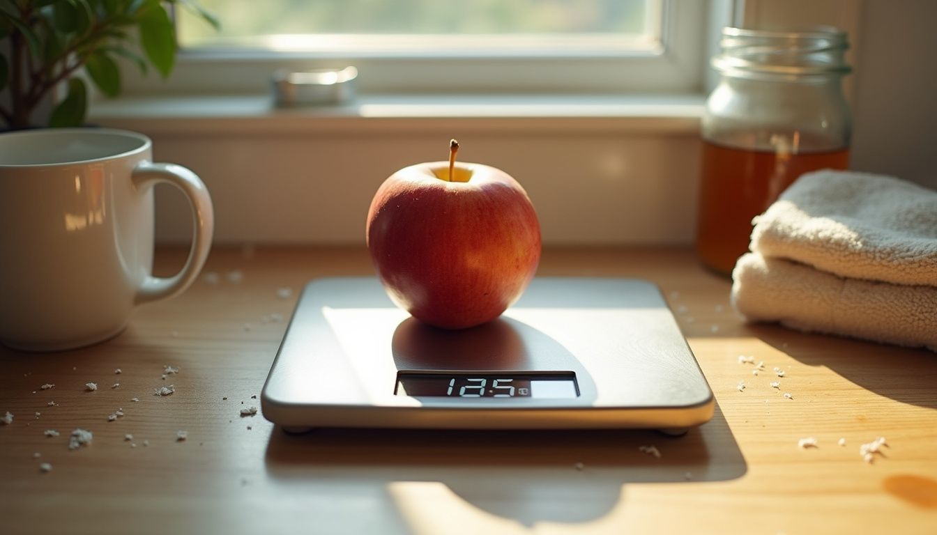 Kitchen scale showing a surprising weight reading with an apple on top.
