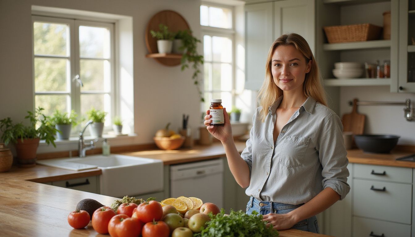 Woman holding supplement bottles in a bright kitchen with fresh produce.