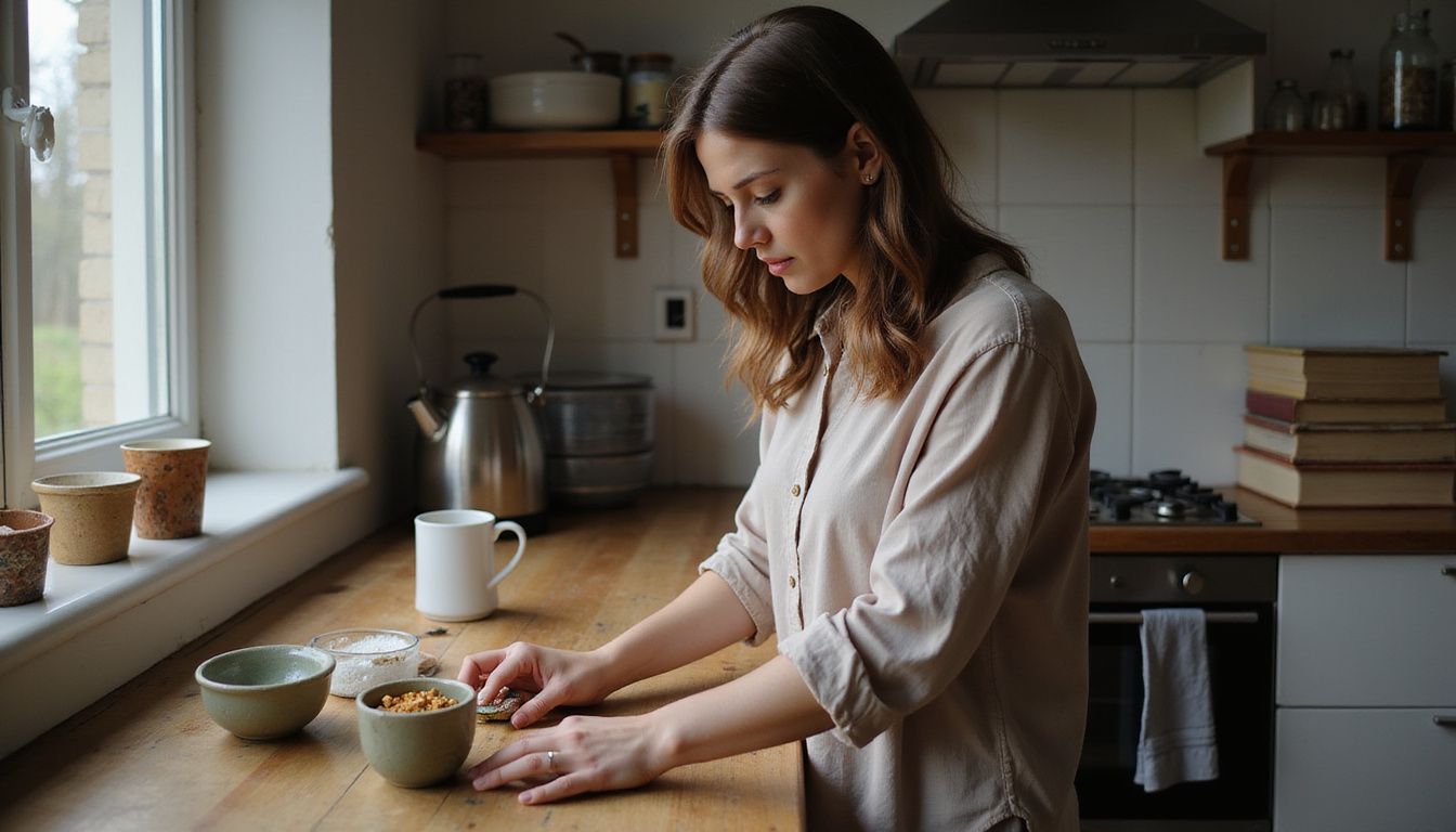 A woman carefully measures food in a cozy kitchen.