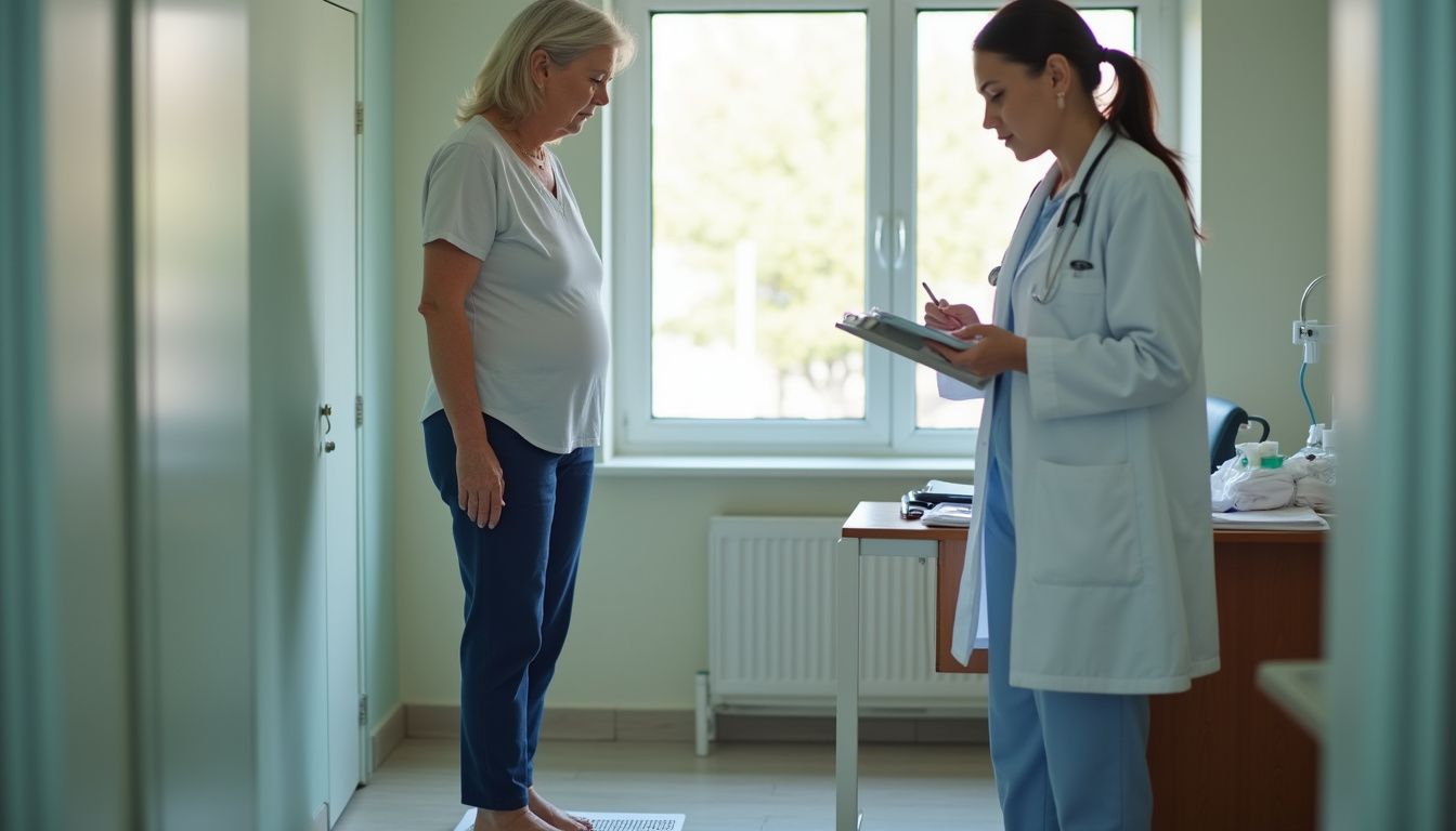 A patient checking weight during a clinic visit.
