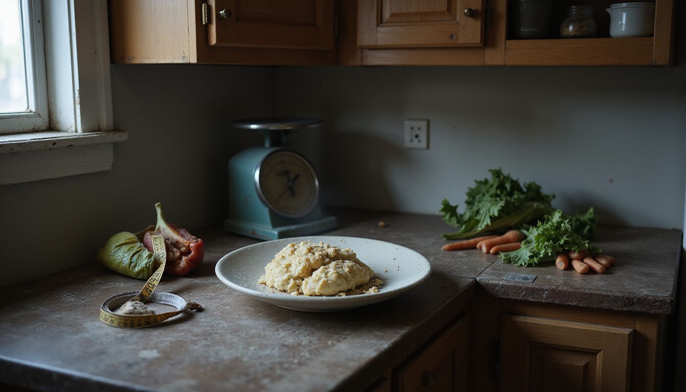 Neglected kitchen with untouched food, signaling appetite loss and missed meals.