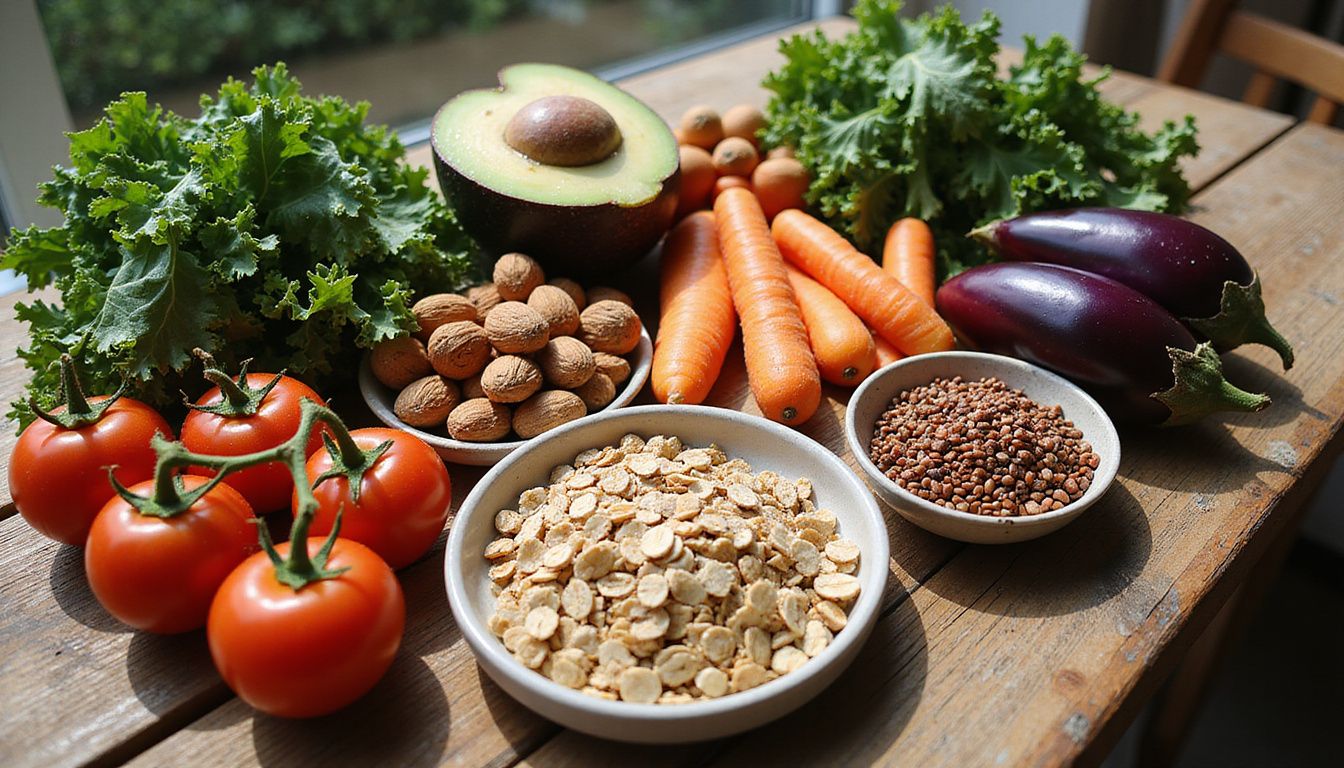 Rustic tabletop filled with fresh produce, grains, and legumes for plant-based cooking.