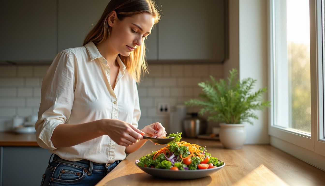 A home cook preparing a colorful vegan salad with leafy greens and beans in a bright kitchen.