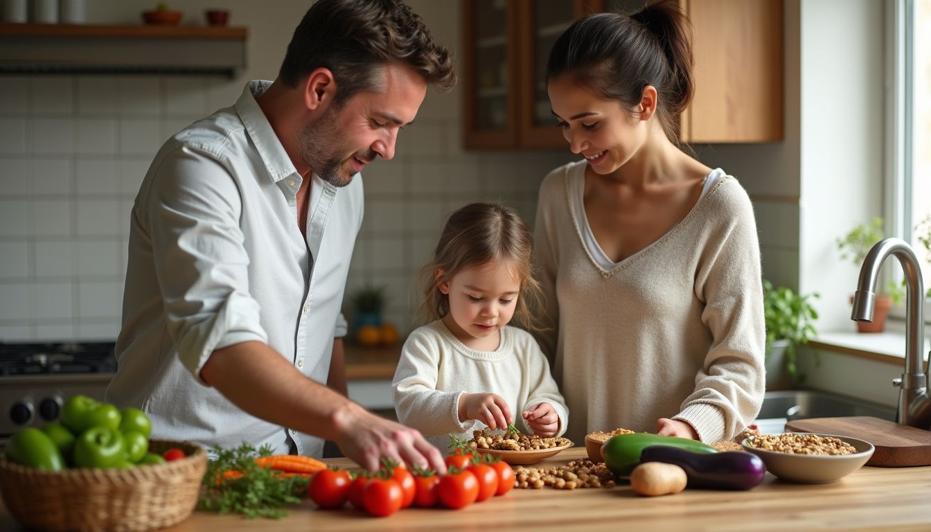 A family prepares a colorful vegetarian meal together at home.