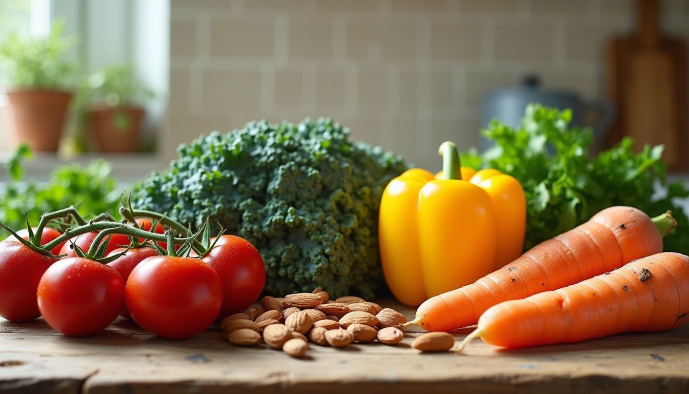 Colorful fruits, vegetables, grains, and legumes arranged on a wooden table.