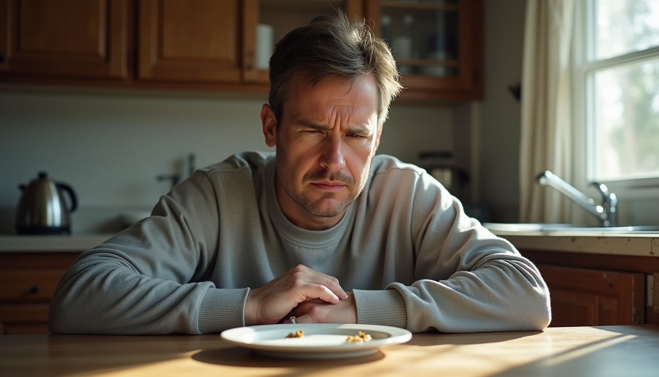 Person at a kitchen table considering a strict eating plan.