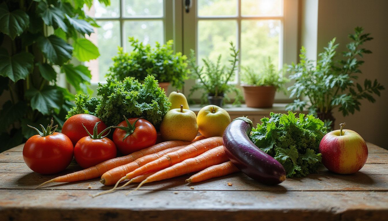 Colorful spread of fruits and vegetables arranged on a rustic wooden table.