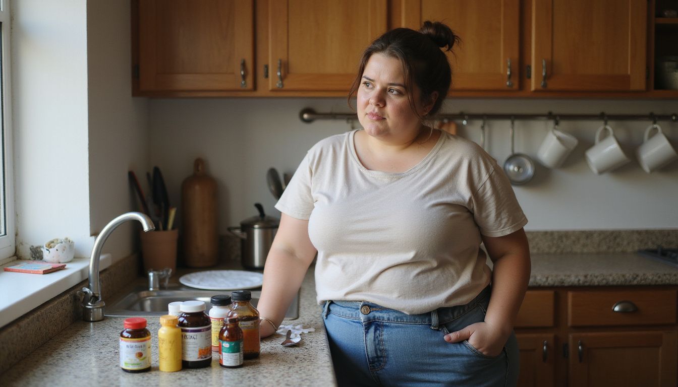 Person reading supplement labels at a kitchen counter.