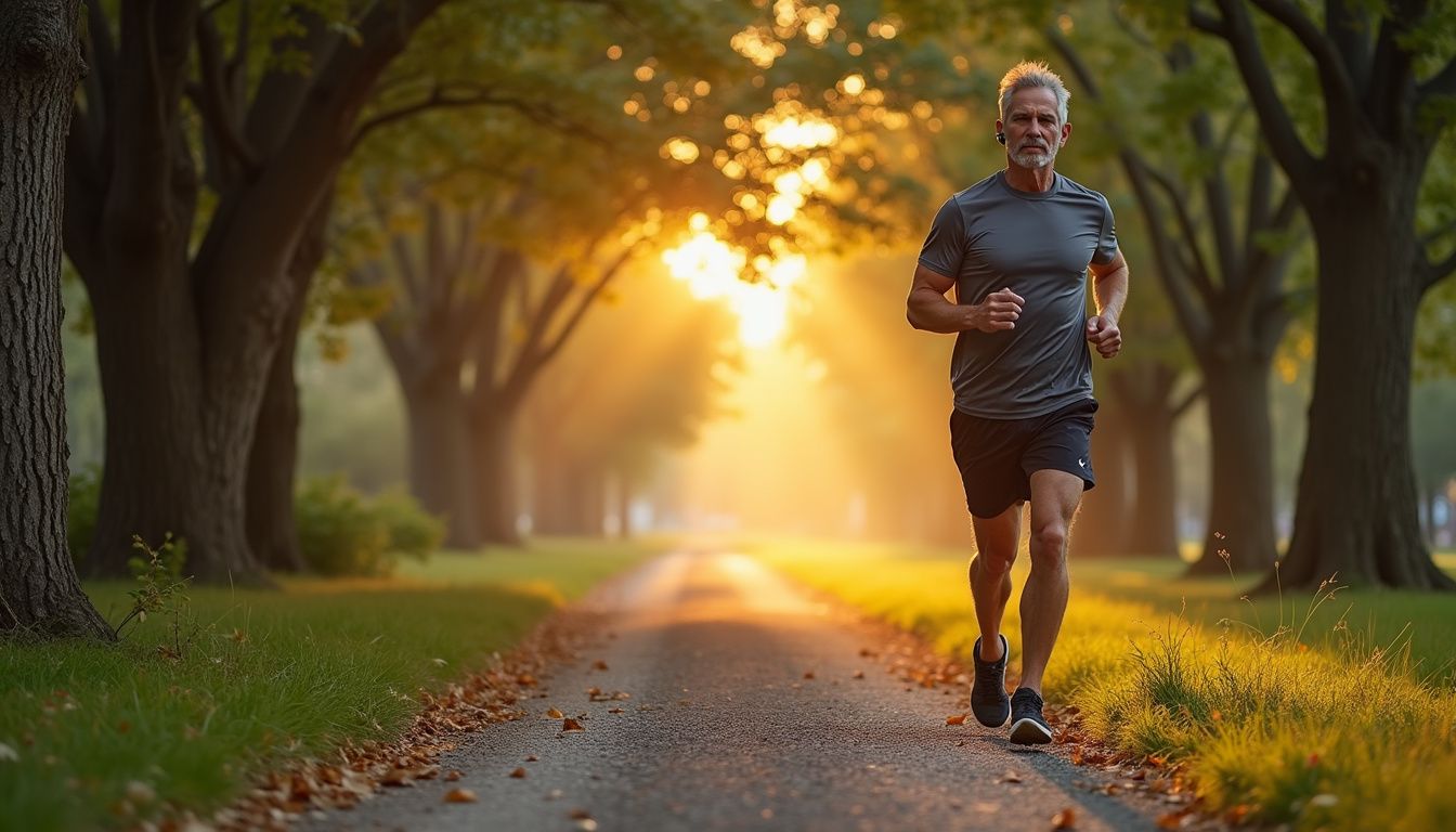 A focused walker moves through a quiet, tree-lined park path.