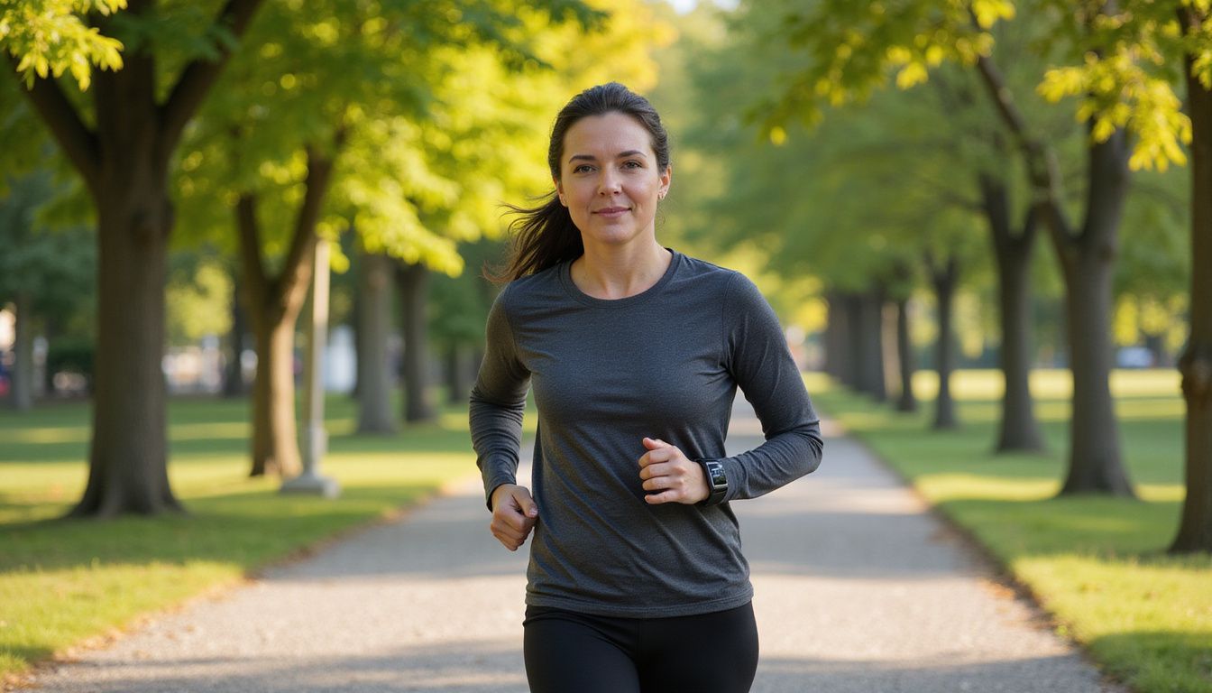 Woman walking confidently on a park path with steady posture and stride.