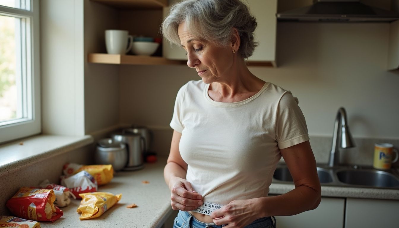 Woman using a tape measure to check her waist in a kitchen.