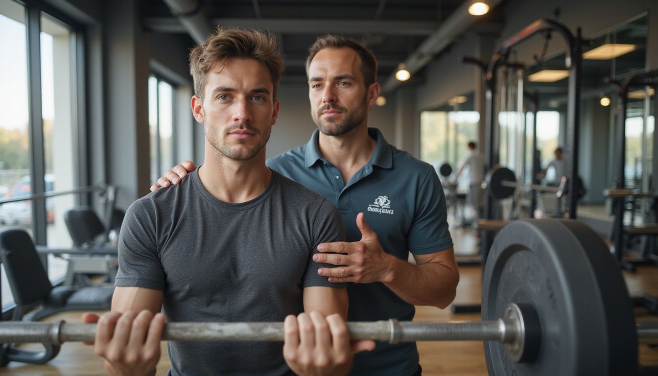 Personal trainer guiding a man through strength exercises in a bright gym.