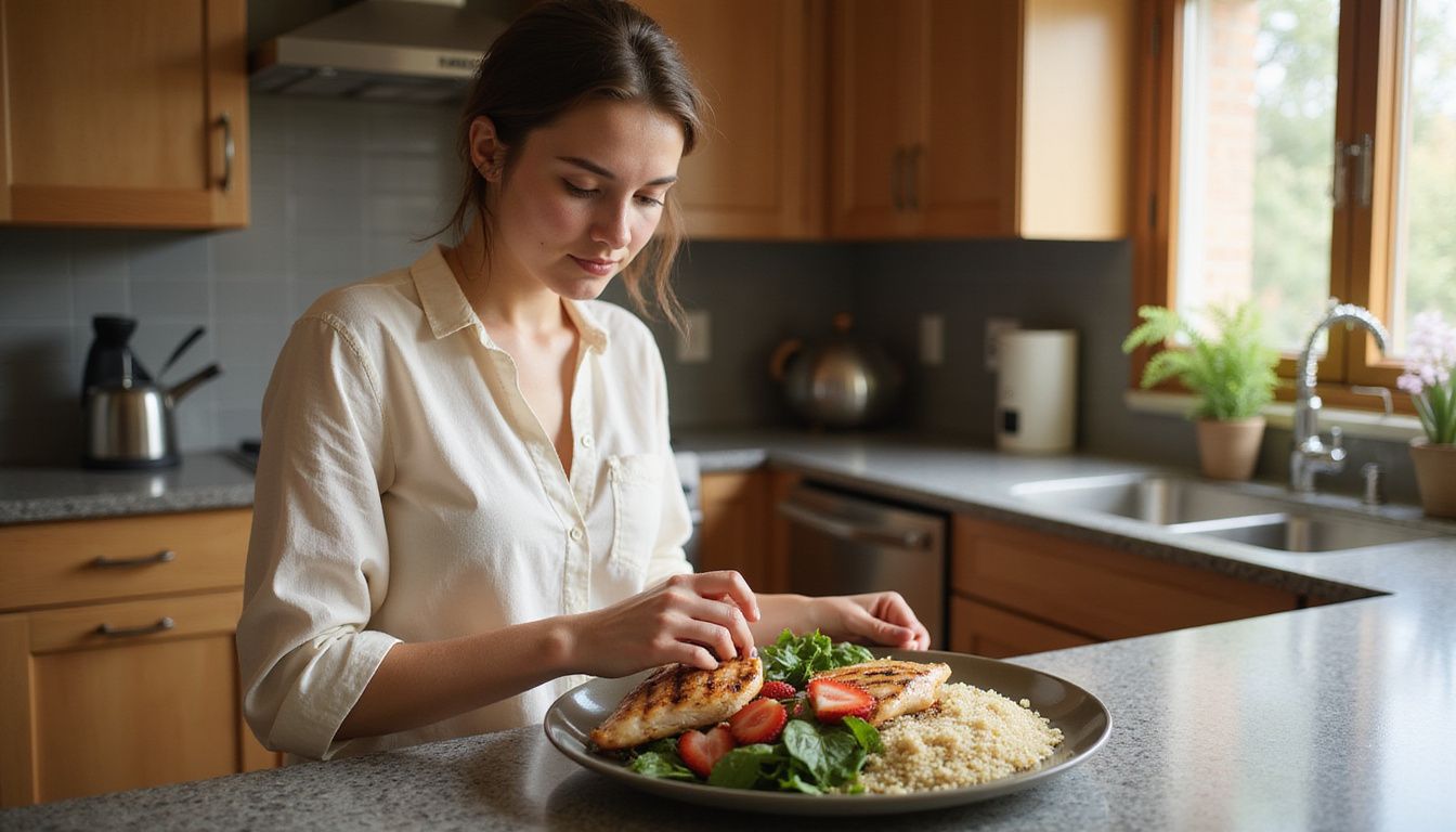 A young woman preparing a balanced, higher-calorie meal in a cozy kitchen.