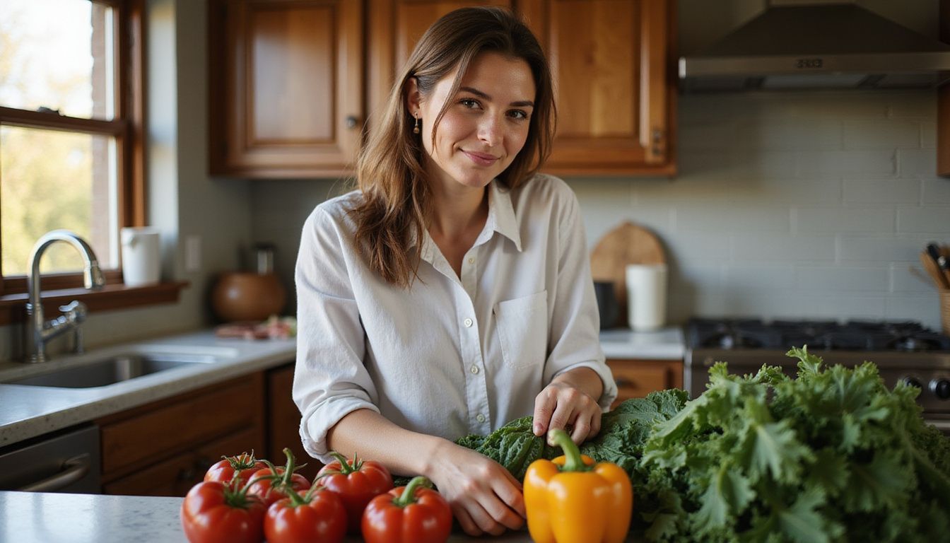 Person sorting fresh fruits and vegetables in a simple kitchen for a cleanse.