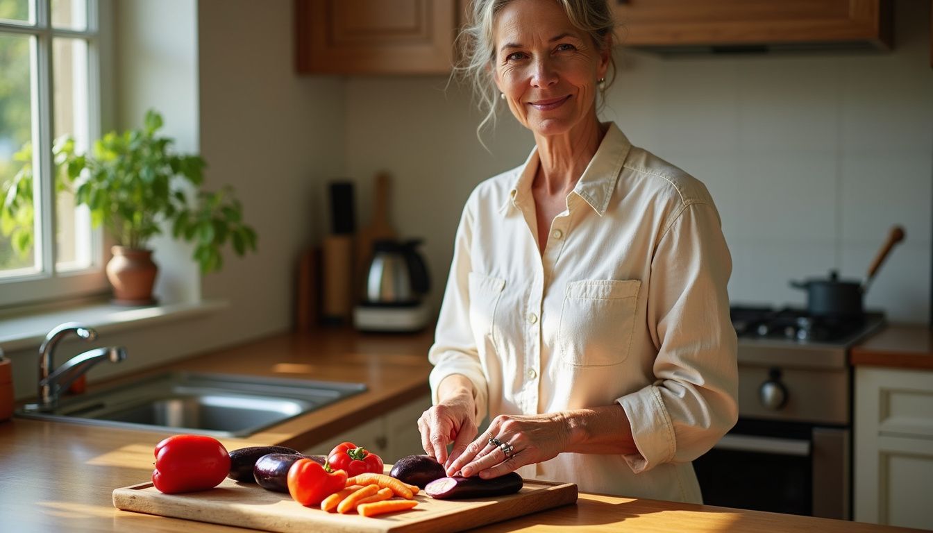 Woman washing fresh vegetables at a kitchen sink while smiling.