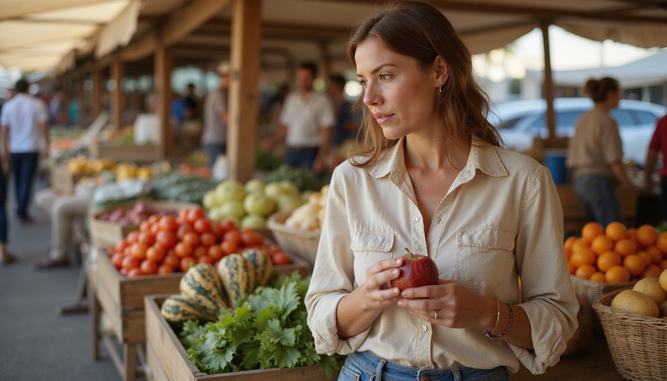 A woman chooses fresh produce at a busy farmers market.