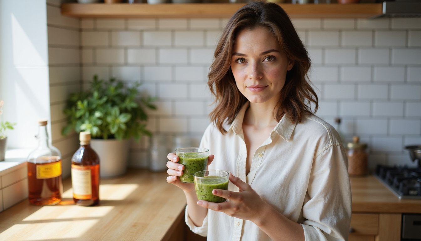 Person sipping a warm cup of green tea in a bright kitchen.