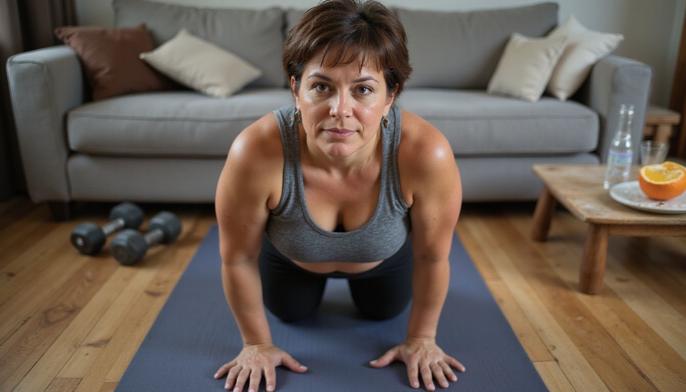 Woman exercising in a living room with simple fitness gear, focused on form.