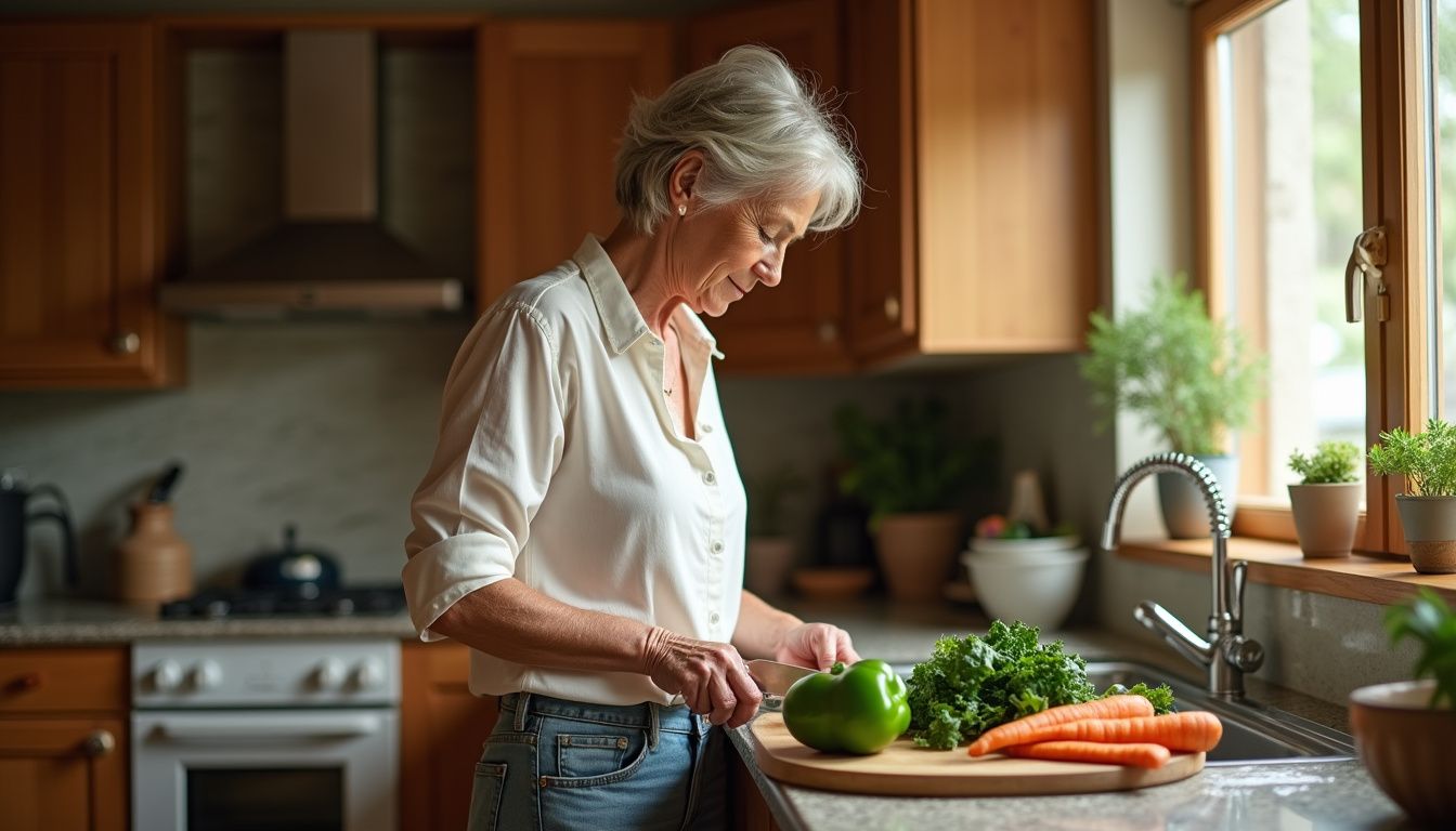 A middle-aged woman chops colorful vegetables while preparing a balanced dinner.