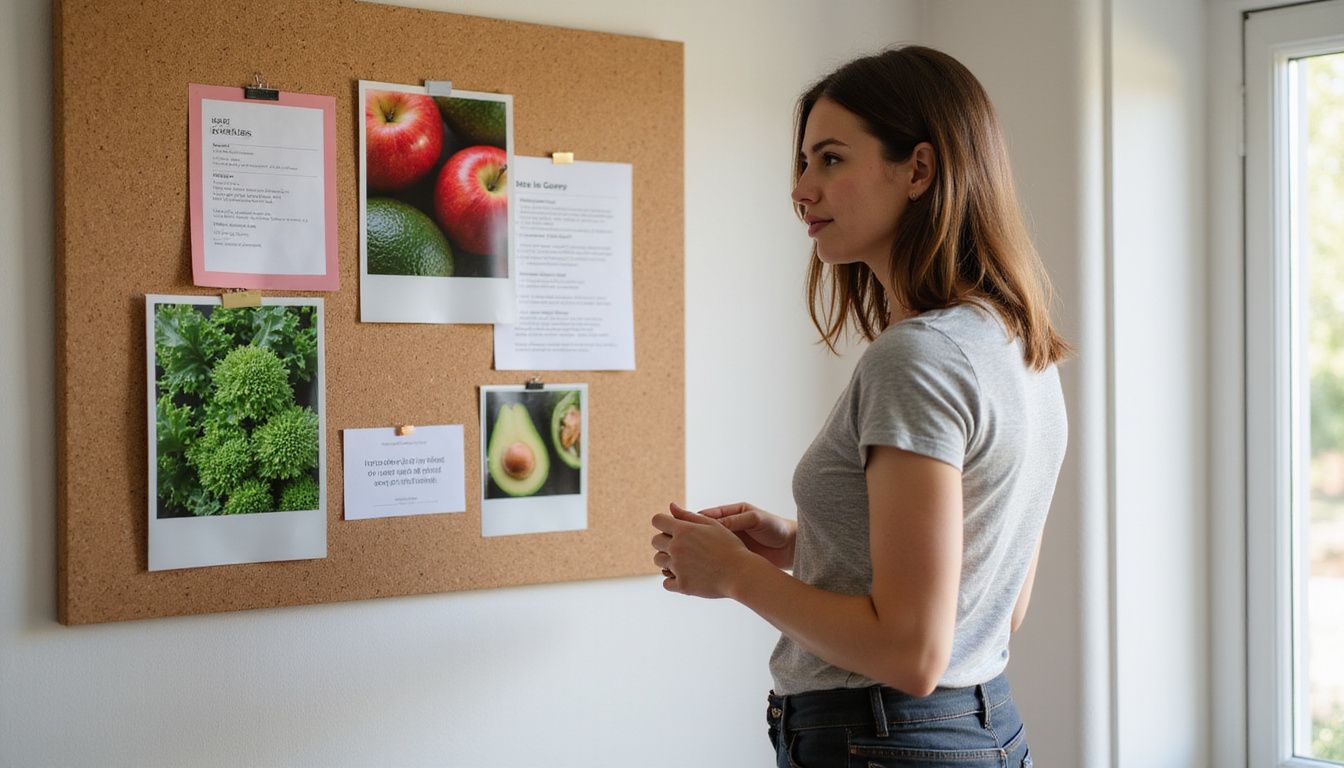 A woman reviewing health goals pinned on a cork board.